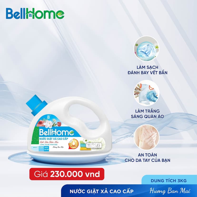 Nước Giặt Xả Cao Cấp Công Nghệ Sinh Học Bell Home Hương Ban Mai 3Kg