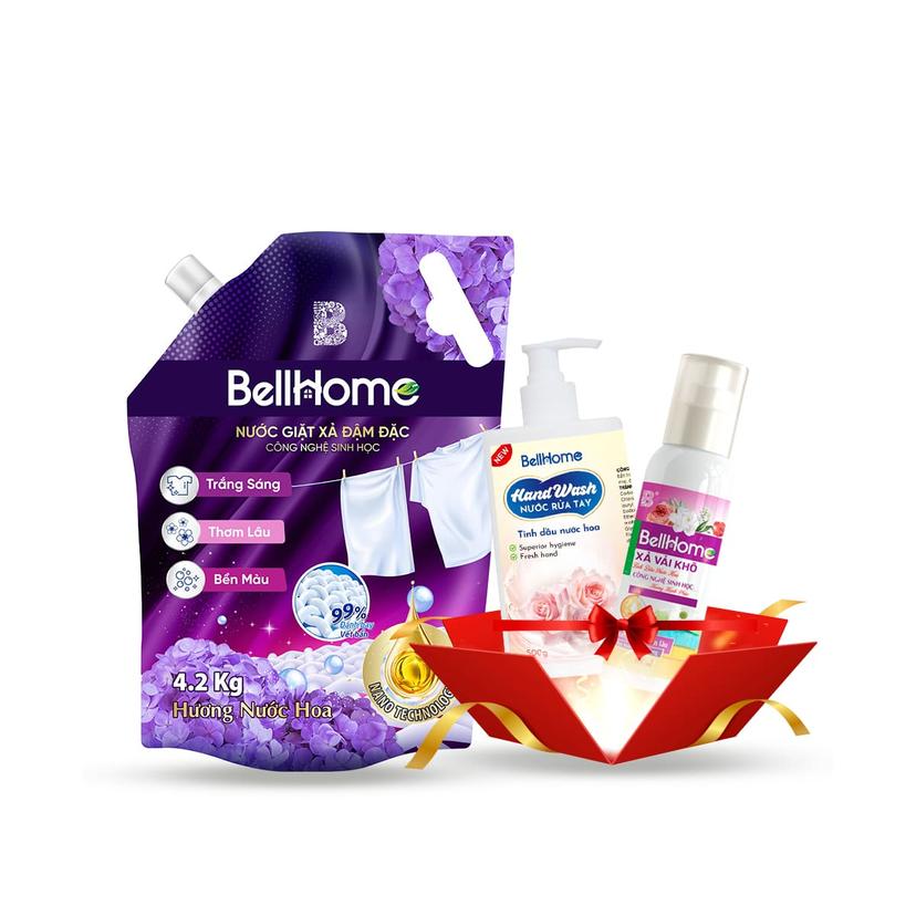 Combo Mua 1 Tặng 2: Túi Nước Giặt Xả Công Nghệ Sinh Học BellHome Tím 4,2KG (Tặng Xả Vải Khô CNSH BellHome 100ml + Nước Rửa Tay BellHome 500ml ngẫu nhiên)
