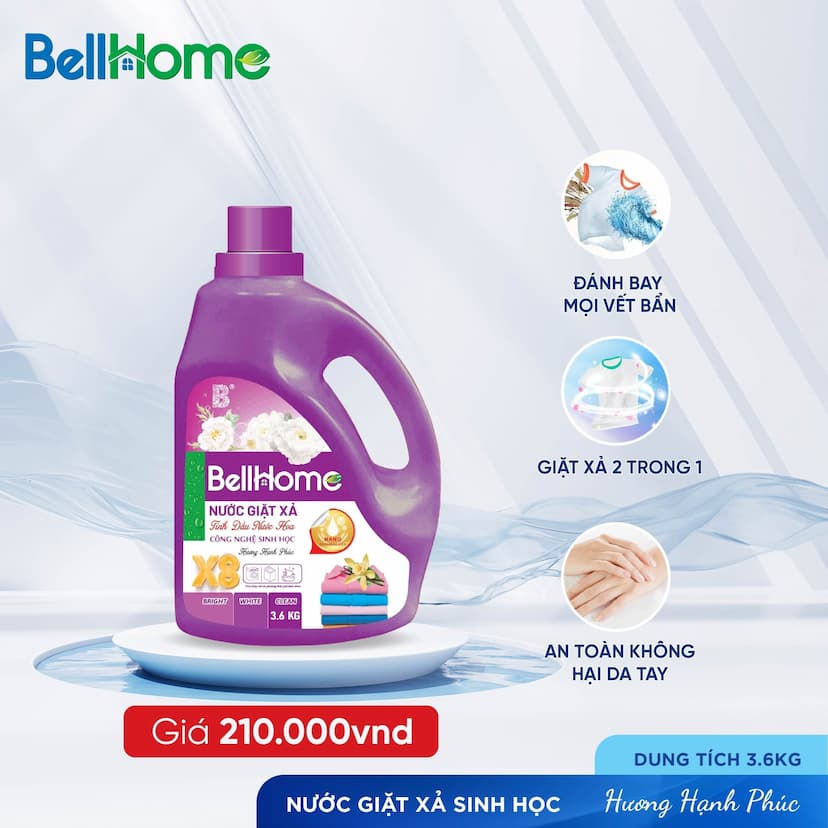 Nước Giặt Xả Công Nghệ Sinh Học Bell Home Tím Hương Hạnh Phúc 3,6KG