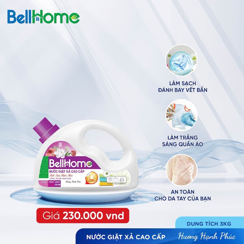 Nước Giặt Xả Cao Cấp Công Nghệ Sinh Học Bell Home Tím Hương Hạnh Phúc 3KG