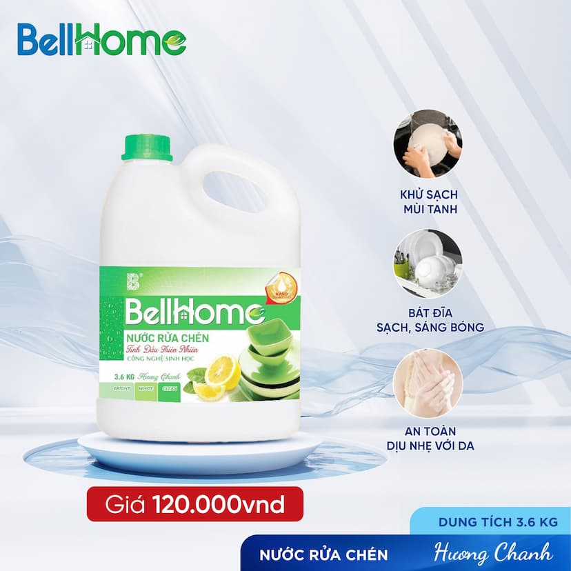 Nước Rửa Chén Công Nghệ Sinh Học Bell Home Hương Chanh 3,6KG