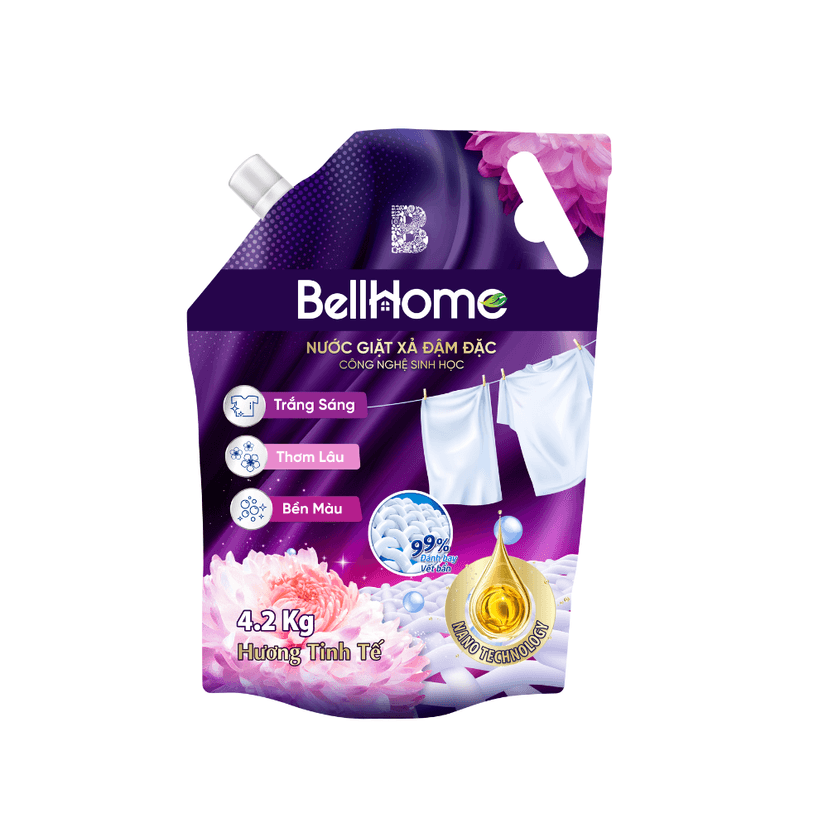 Túi Nước Giặt Xả Công Nghệ Sinh Học Bell Home Tím Hương Tinh Tế 4,2KG