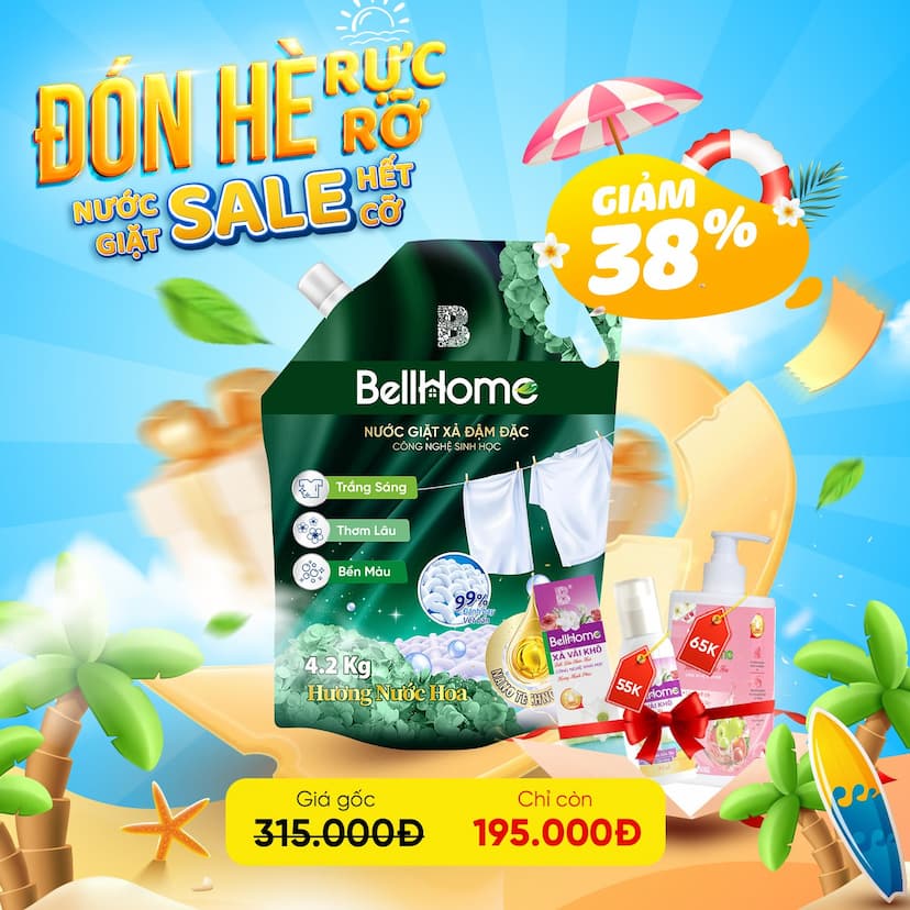 [Combo Mua 1 Tặng 2]  Túi Nước Giặt Xả Công Nghệ Sinh Học Bell Home Xanh Lá  4,2KG [Tặng nước rửa tay ngẫu nhiên]