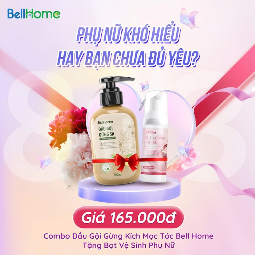 Combo Dầu Gội Gừng Kích Mọc Tóc Bell Home Tặng Bọt Vệ Sinh Phụ Nữ 100ML