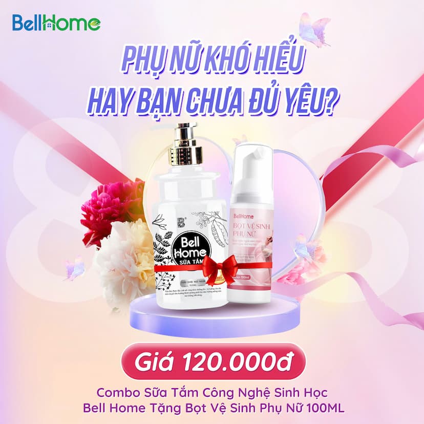 Combo Sữa Tắm Công Nghệ Sinh Học Bell Home Tặng Bọt Vệ Sinh Phụ Nữ 100ML