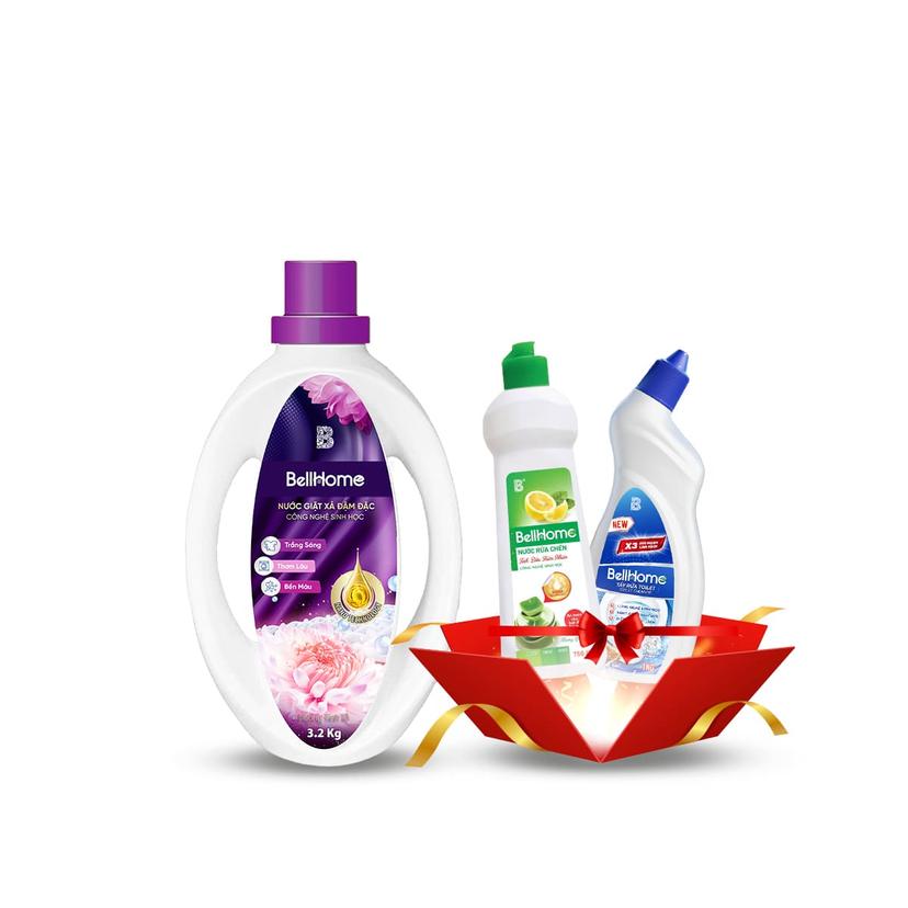 Combo Mua 1 Tặng 2: Nước Giặt Xả Công Nghệ Sinh Học BellHome Tím 3,2KG (Tặng Tẩy Toilet CNSH BellHome 1KG + Nước Rửa Chén CNSH BellHome Hương Chanh 750G)